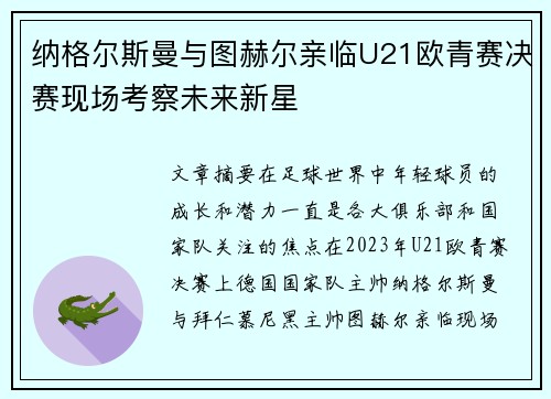 纳格尔斯曼与图赫尔亲临U21欧青赛决赛现场考察未来新星