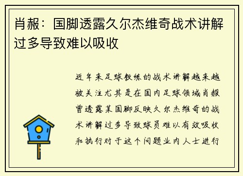 肖赧：国脚透露久尔杰维奇战术讲解过多导致难以吸收