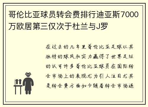 哥伦比亚球员转会费排行迪亚斯7000万欧居第三仅次于杜兰与J罗