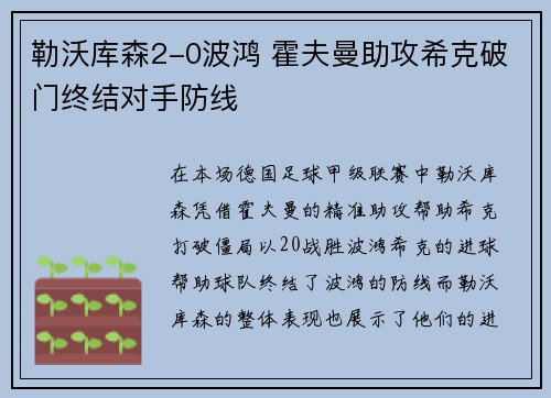 勒沃库森2-0波鸿 霍夫曼助攻希克破门终结对手防线