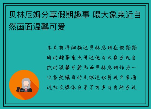 贝林厄姆分享假期趣事 喂大象亲近自然画面温馨可爱